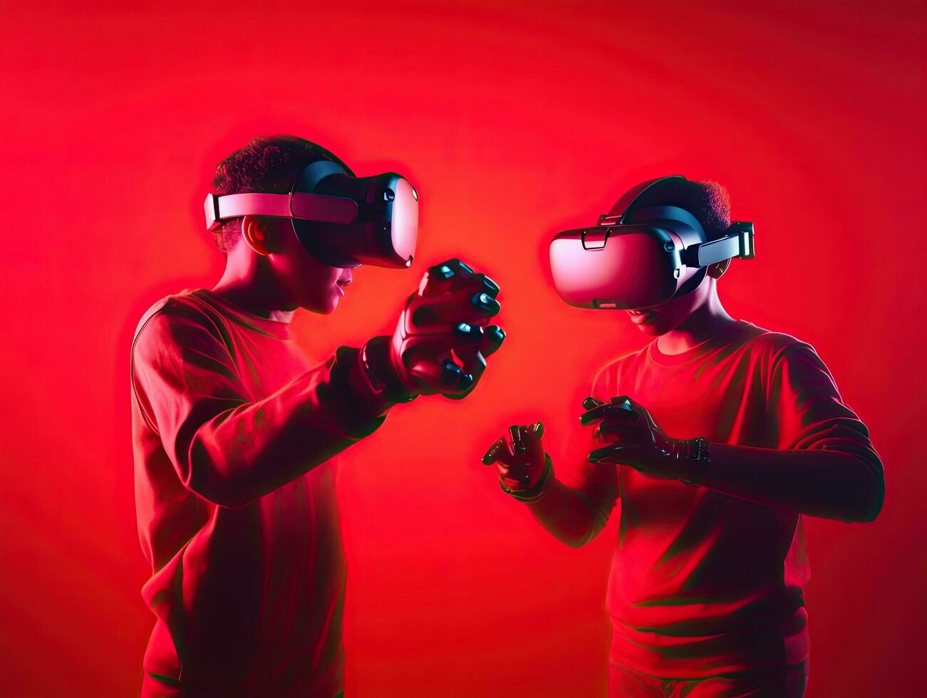 Two kid wearing a virtual reality headset. VR goggles to showcase in action. generative AI photo