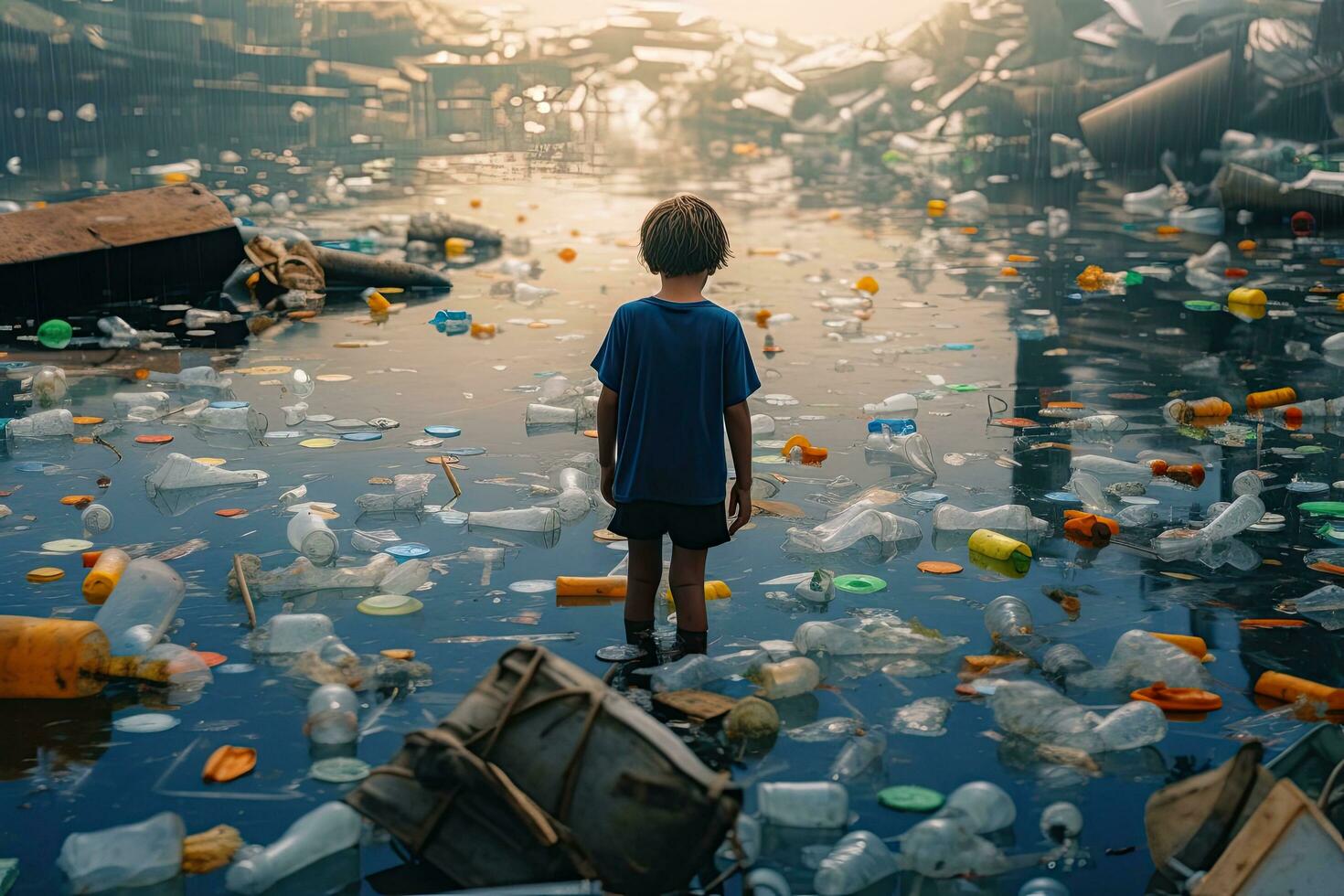 Child looking at a lot of plastic waste in the water,Generative AI . photo