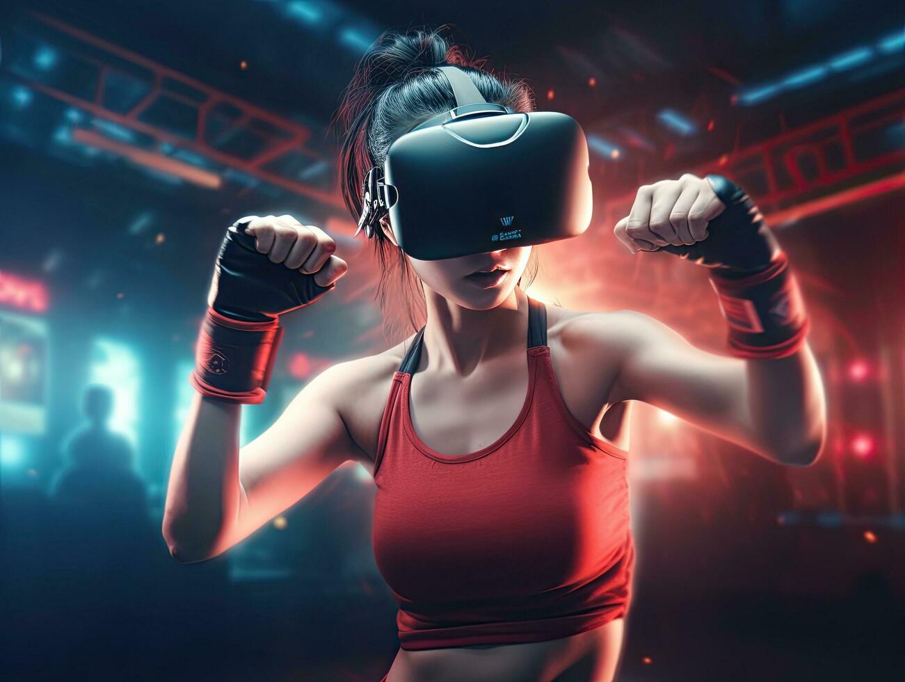 Young woman boxing exercise. Virtual reality simulation in digital VR games .Generative AI . photo