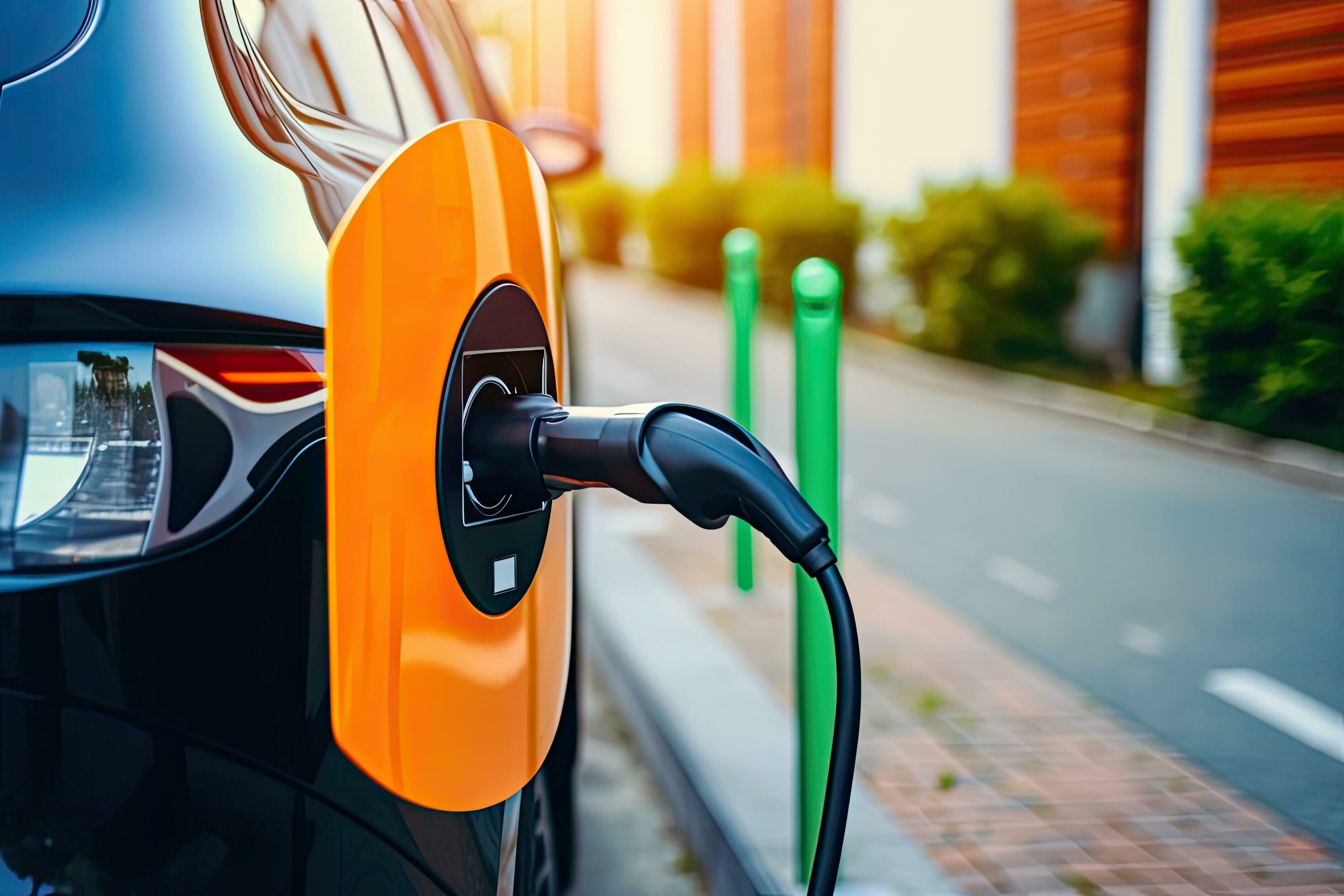 EV electric cars charging at a public charging station, Generative AI