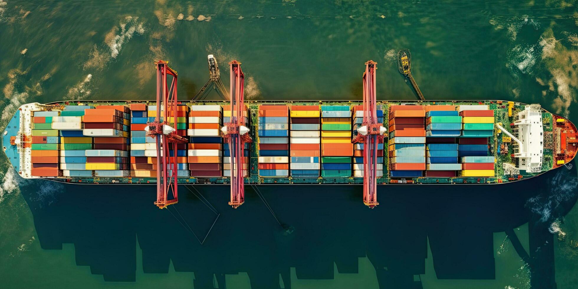 Top view. Container ship in the pier with crane bridge carries and physical system icons out export and import business in the open sea. Logistics and transportation , Generative AI . photo