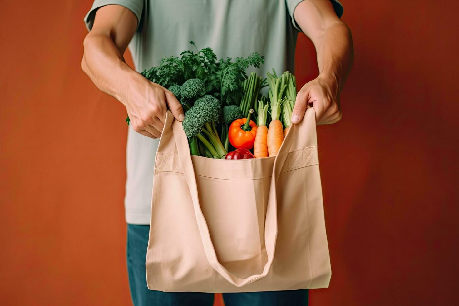 Close up hand man hand holding a reusable shopping bag with vegetables in the background at a local farmer market  ,Generative AI photo