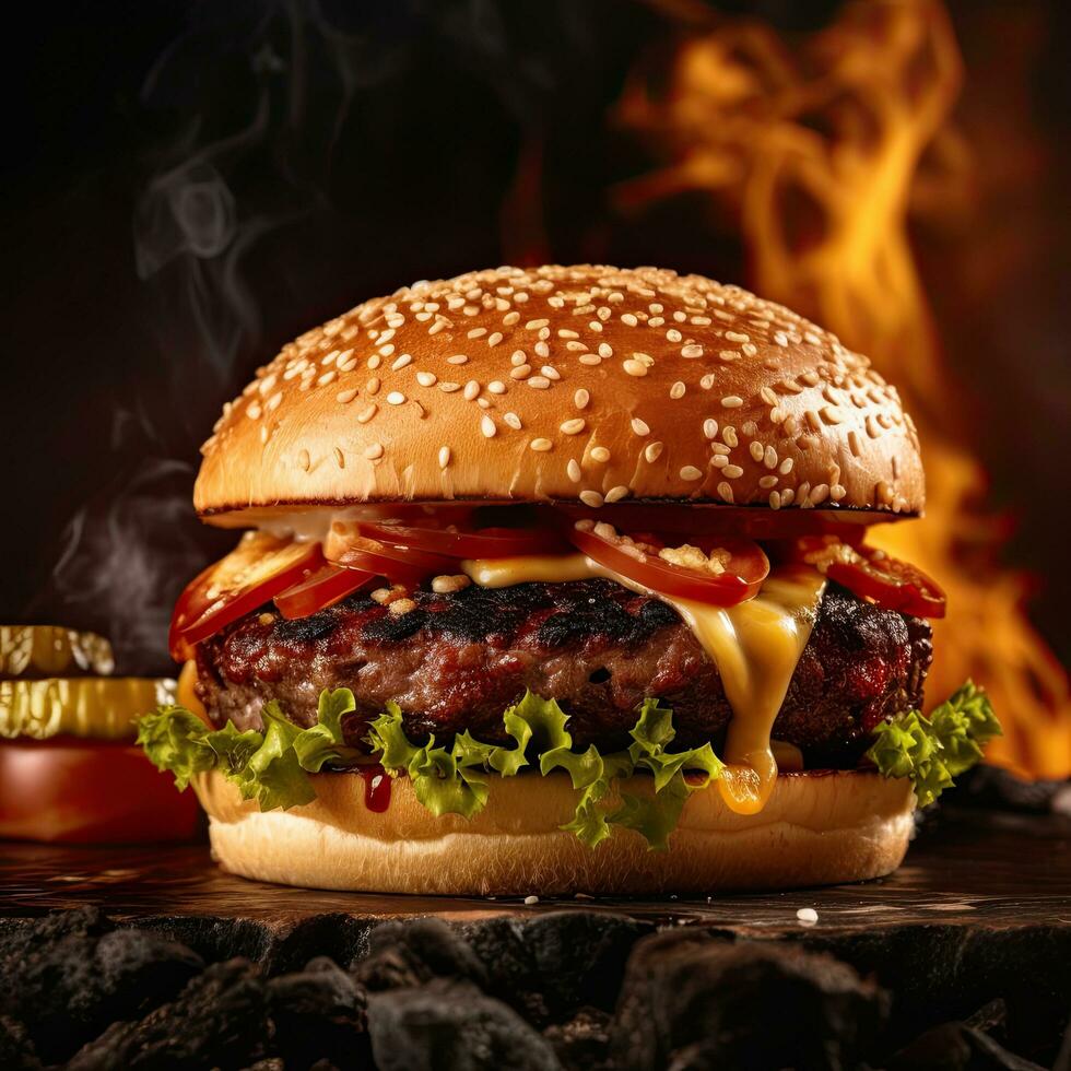 Hamburger, Germany food rustic style background, copy space,Generative AI. photo