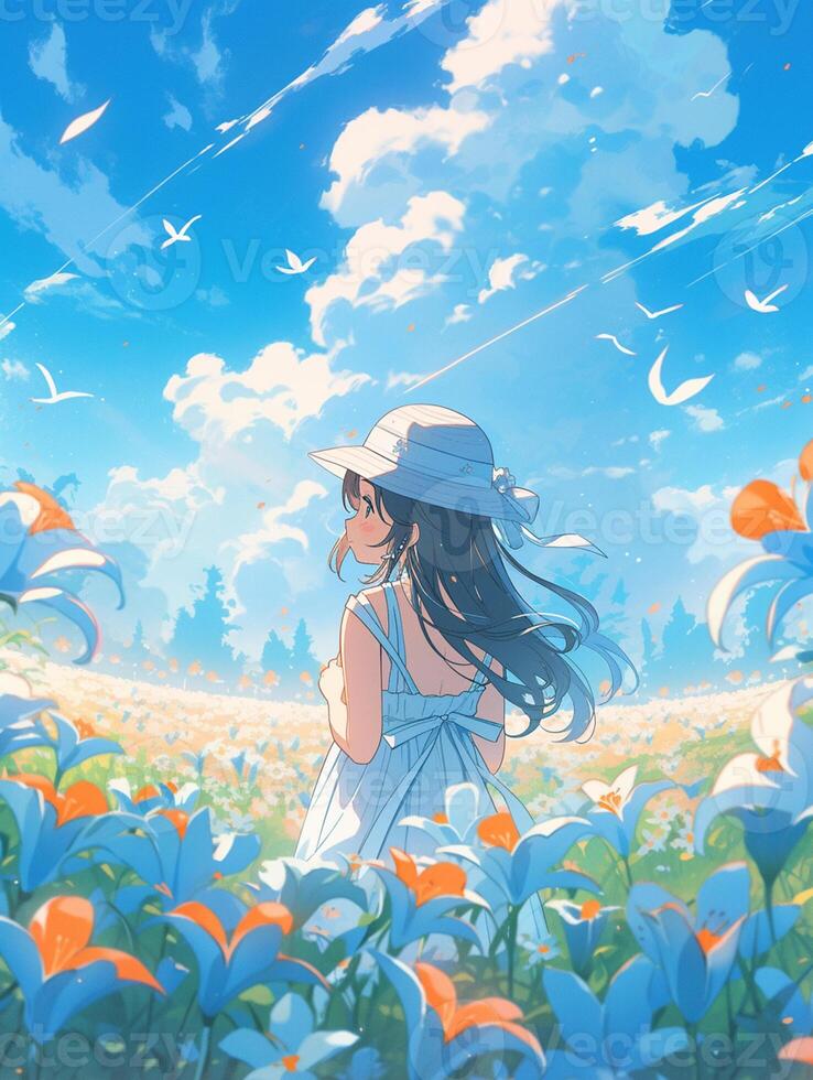 Premium Photo  Anime girl with a wand and a hat flying through the sky  generative ai