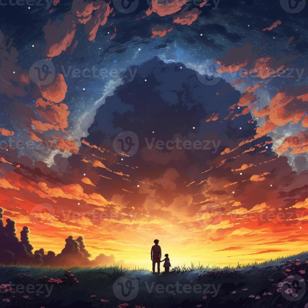 Anime Couple looking at Sunset, Anime Digital Art illustration for background  wallpaper. Generative AI Stock Illustration