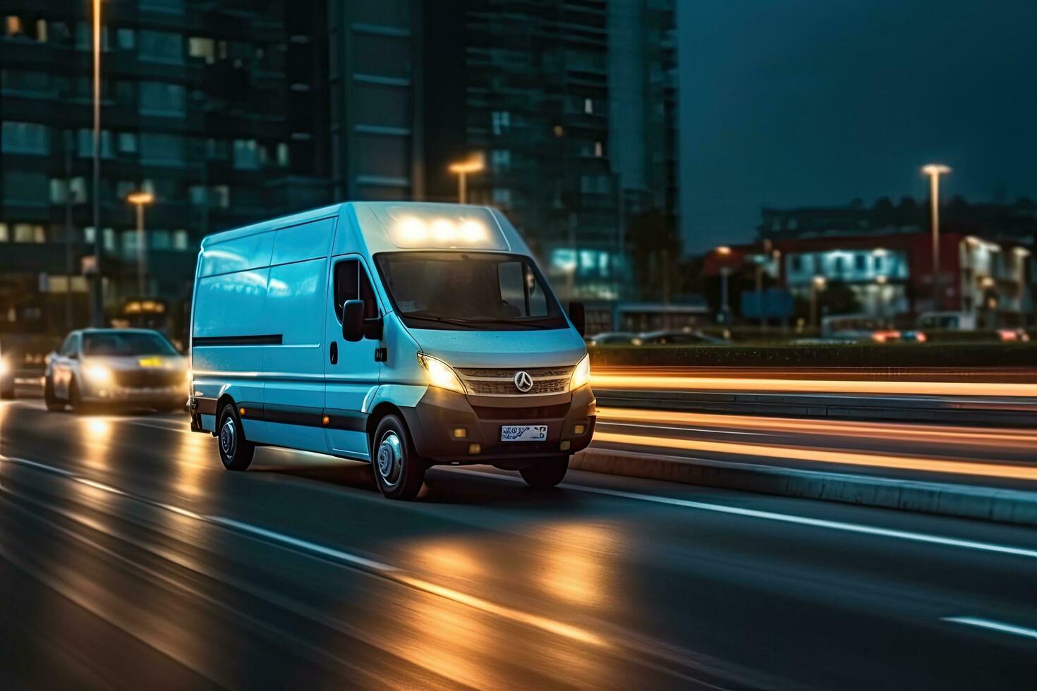 Cargo van moving fast on the road to city suburb. Busines logistics express service. Generative AI . photo