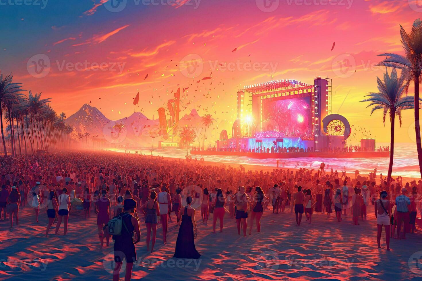 Edm party's on festival at the beach background, Generative AI