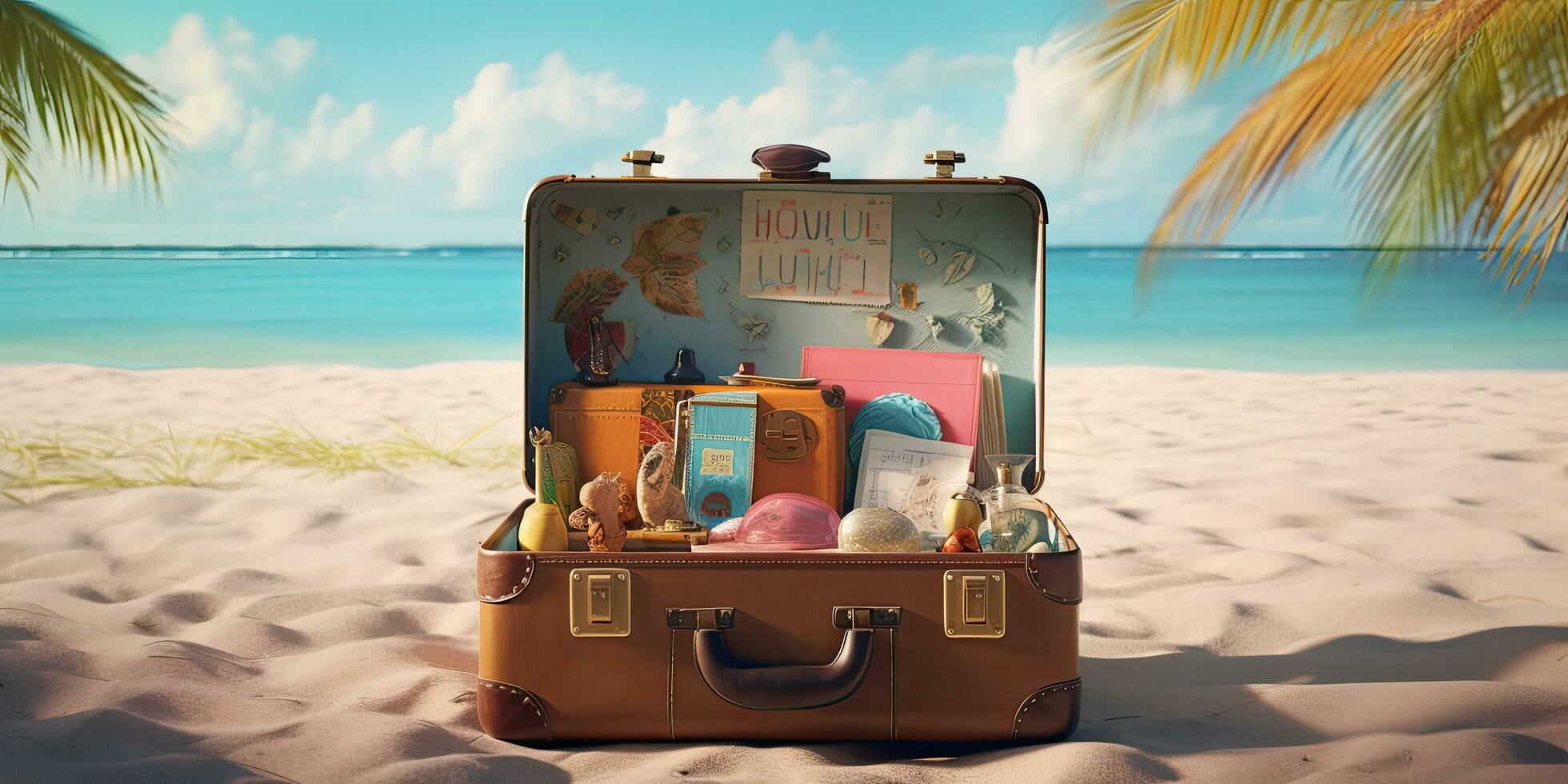 Open suitcase on tropical beach background ,Generative AI photo