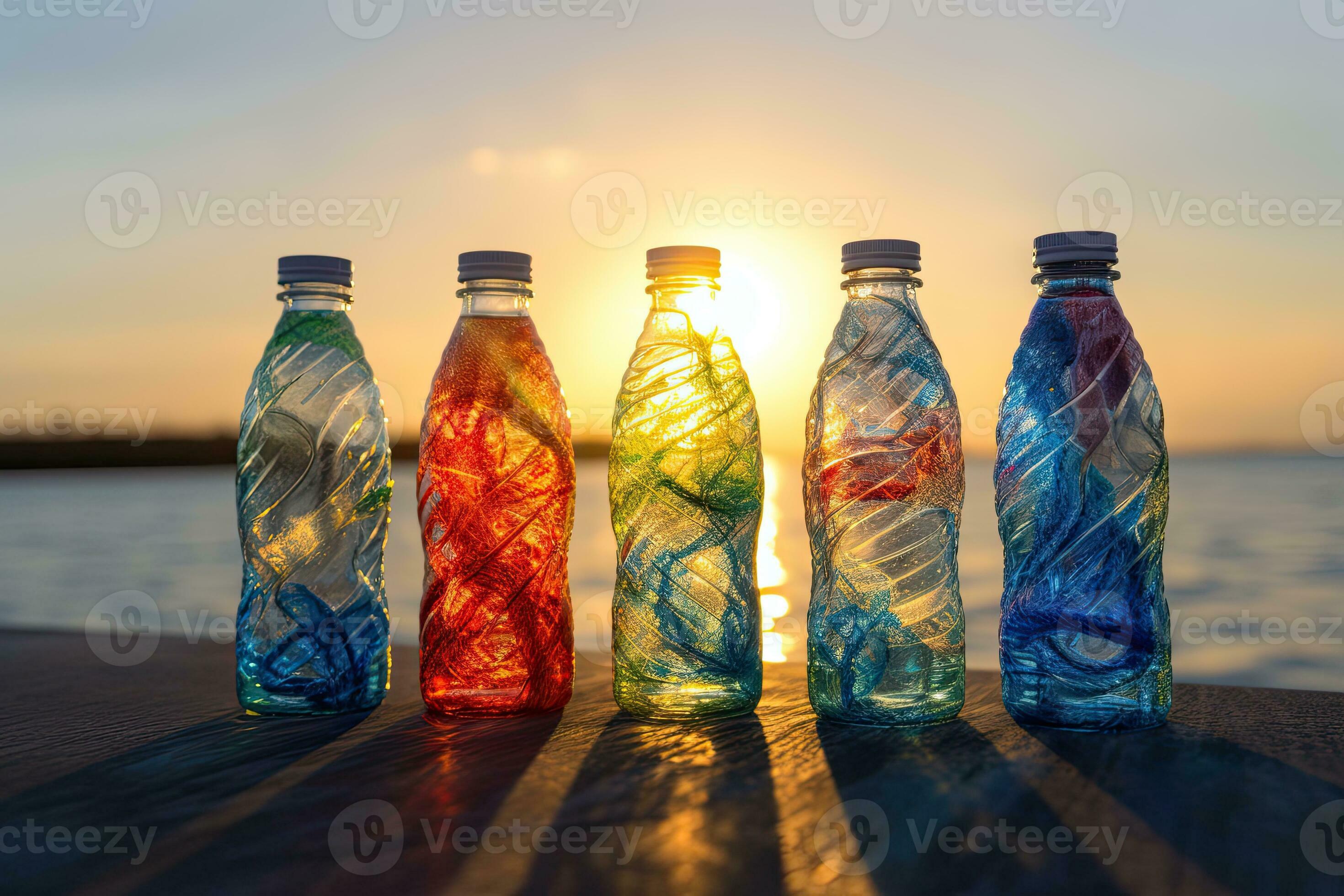 Plastic water bottles ocean sun light. ,Generative AI 28529380 Stock ...