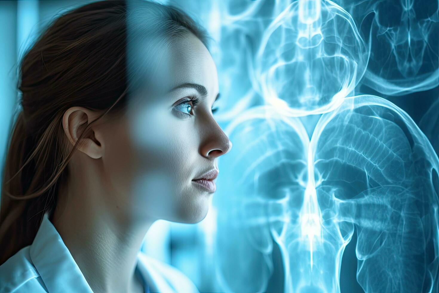 Close up face Doctor female of Professional Scientists Working Monitors Showing CT, MRI Scans Having Discussions and Working on Personal Computers. Generative AI photo