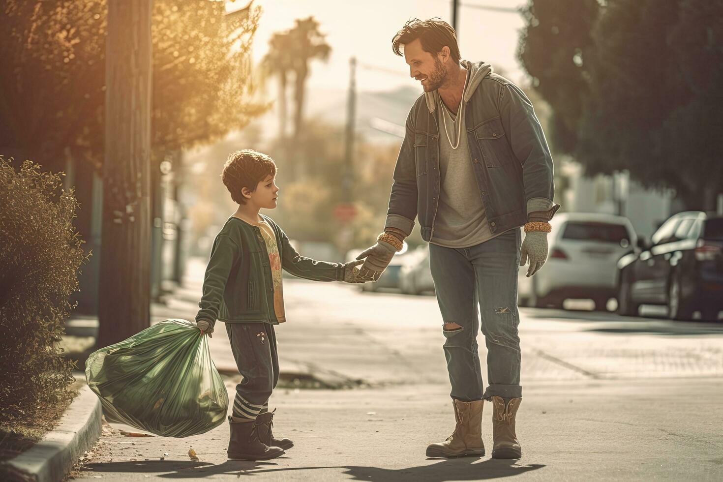 Dad and son in gloves cleaning up the beach pick up plastic bags that pollute steert ,Generative AI photo