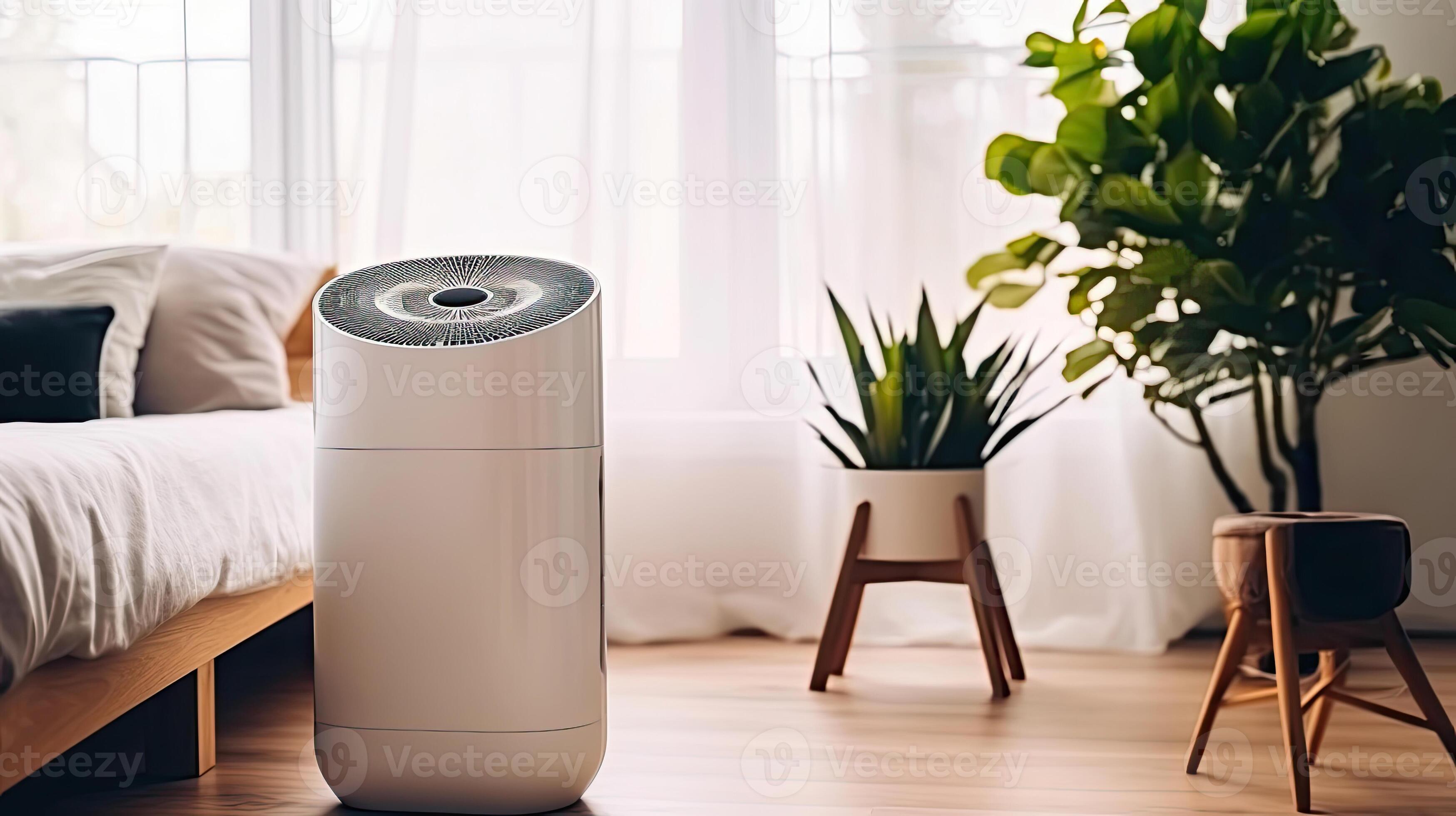 Air purifier in cozy white bedroom for filter and cleaning