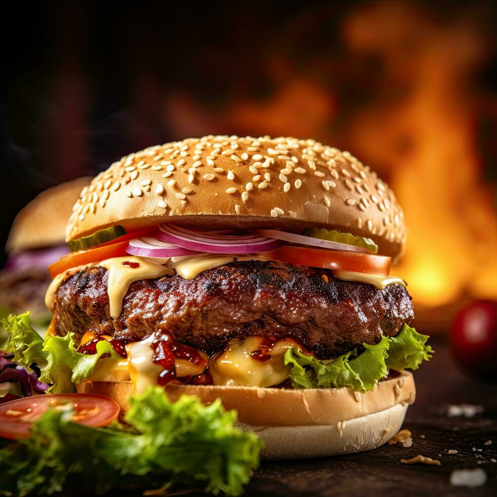 Hamburger, Germany food rustic style background, copy space,Generative AI. photo