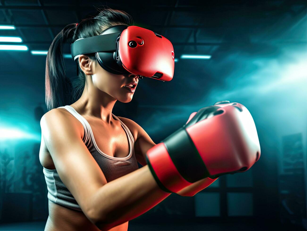 Young woman boxing exercise. Virtual reality simulation in digital VR games .Generative AI . photo