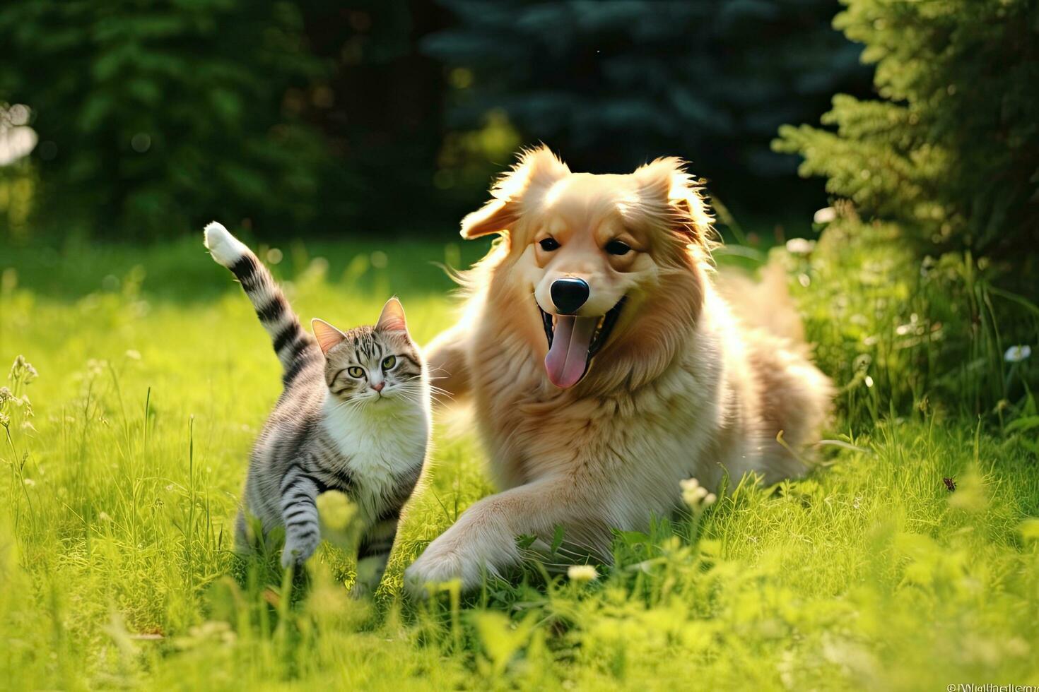 un gato y perros jugar en el parque ,generativo Arte foto