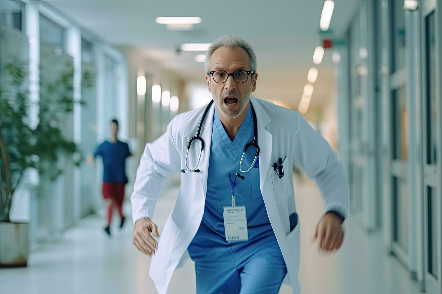 Doctor running in hospital emergency, patient crisis or pager call in ICU stress, trauma fail or diversity hospital ,Generative AI. photo