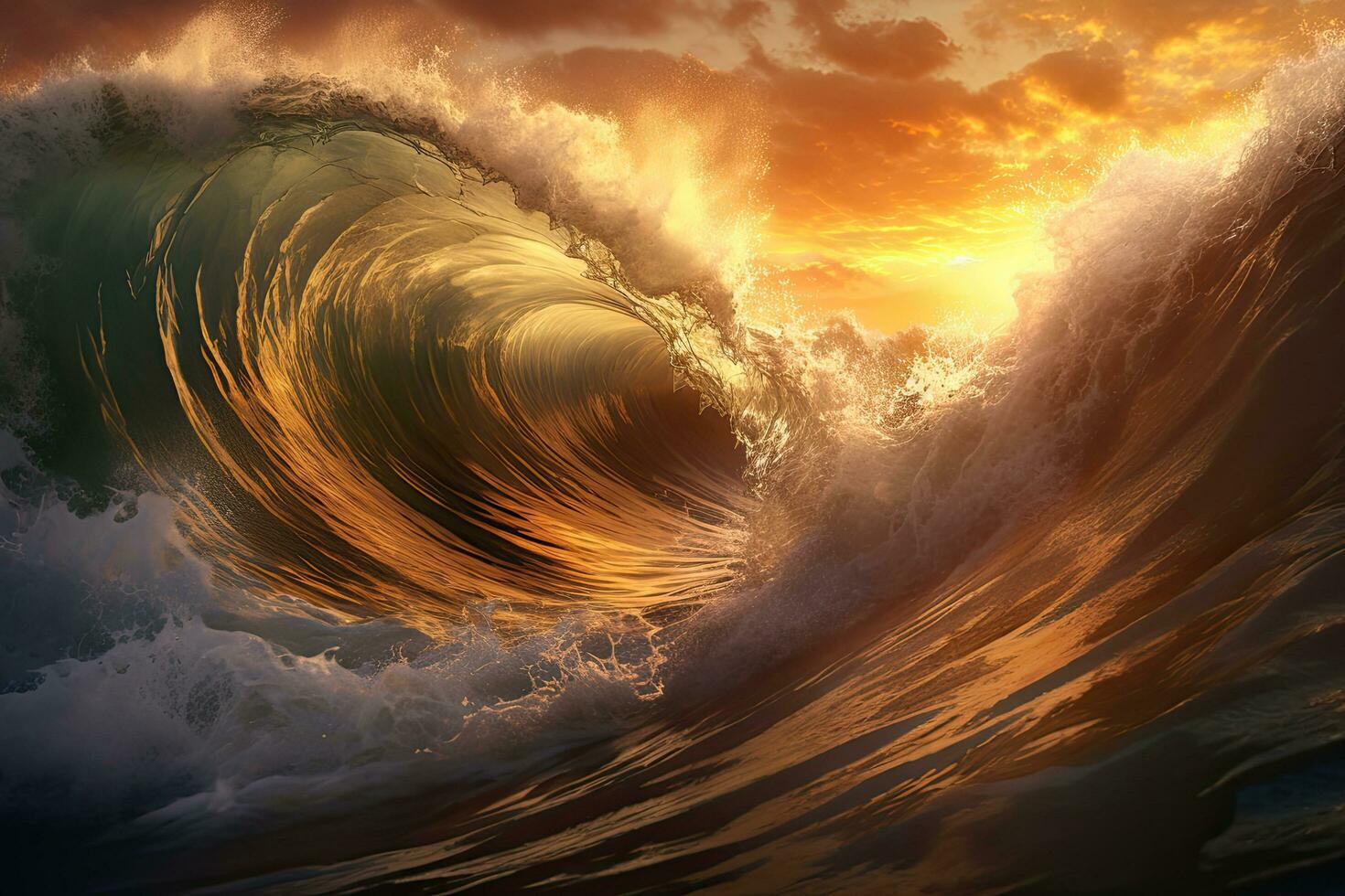 Sea water in crest shape. Sunset light and beautiful , Generative AI photo