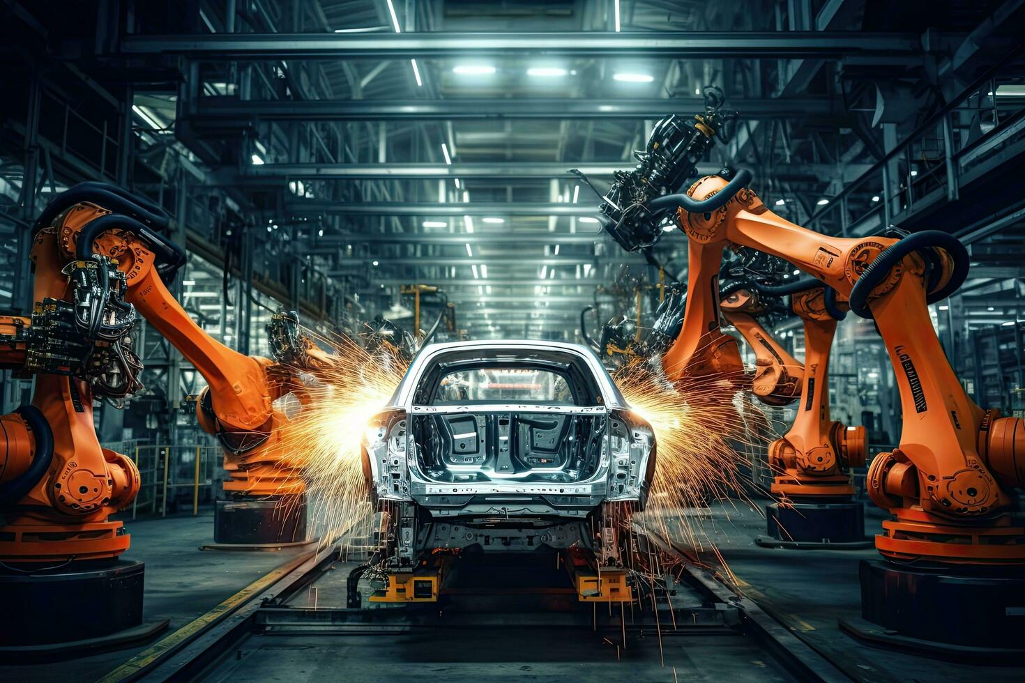 Robotic arms in a car plant at line  factory , Generative AI . photo