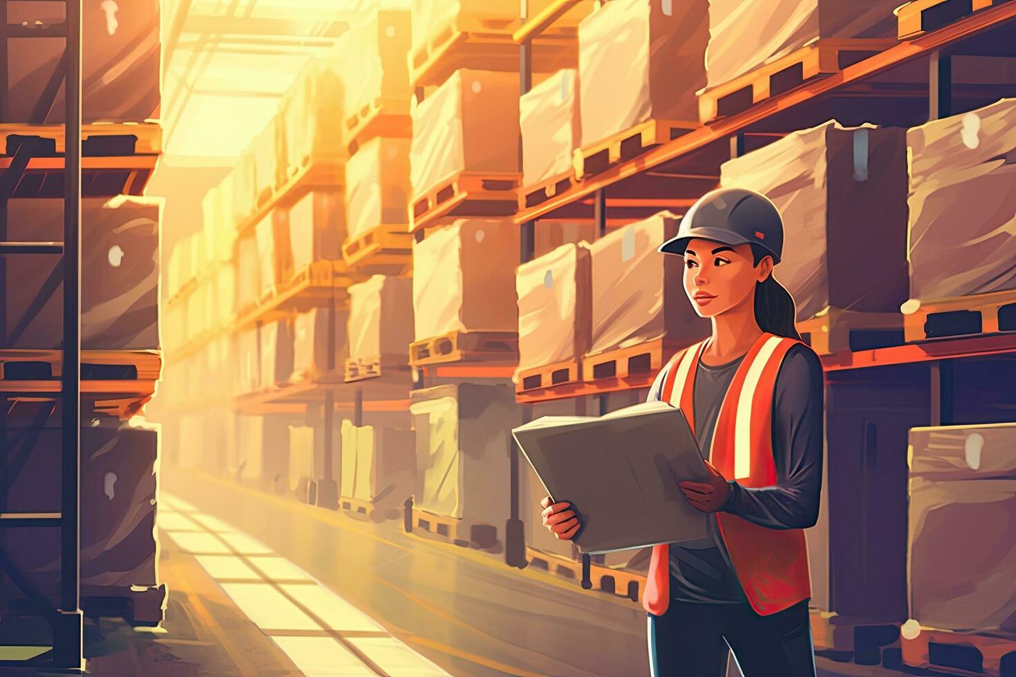 A female using paper list check products, Forklifts in a large modern warehouse background , Generative AI . photo
