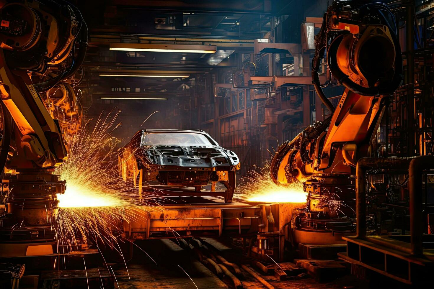 Robotic arms in a car plant at line  factory , Generative AI . photo
