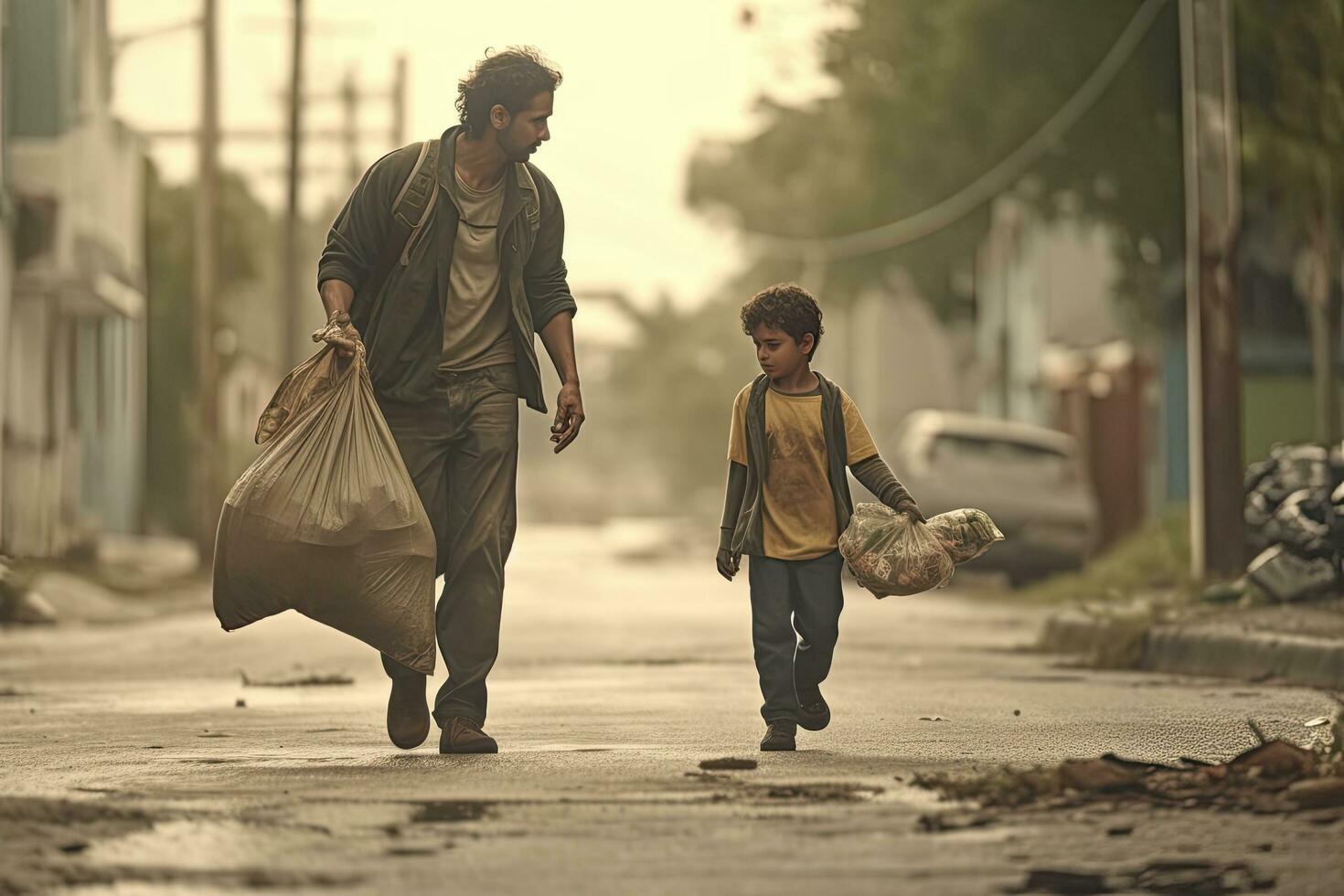 Dad and son in gloves cleaning up the beach pick up plastic bags that pollute steert ,Generative AI photo