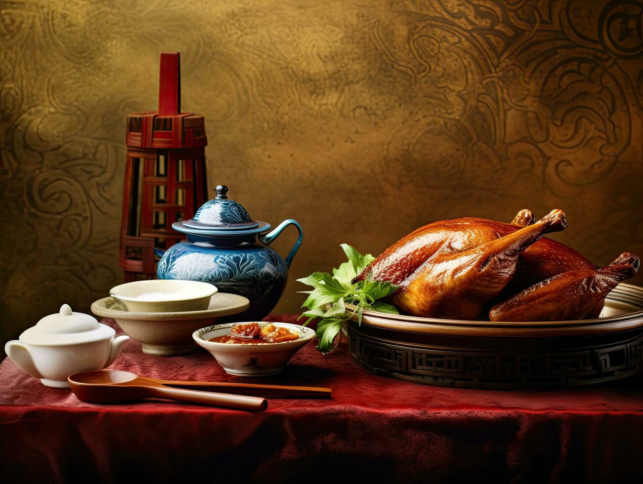 Peking Duck china food on a Chinese style background, generative AI