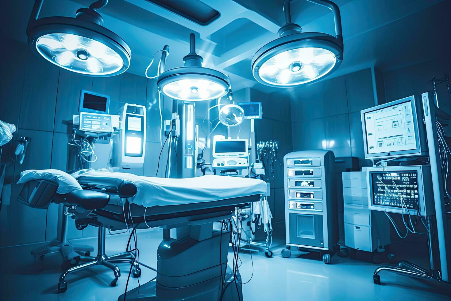 Equipment and medical devices in modern operating room take with art lighting and blue filter ,Generative AI. photo