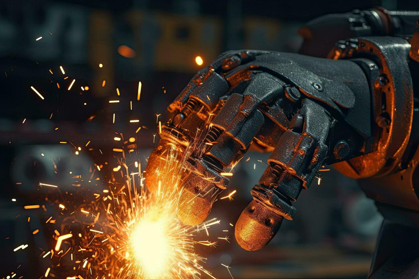A robot while doing a welding with arc welder ,Generative AI . photo