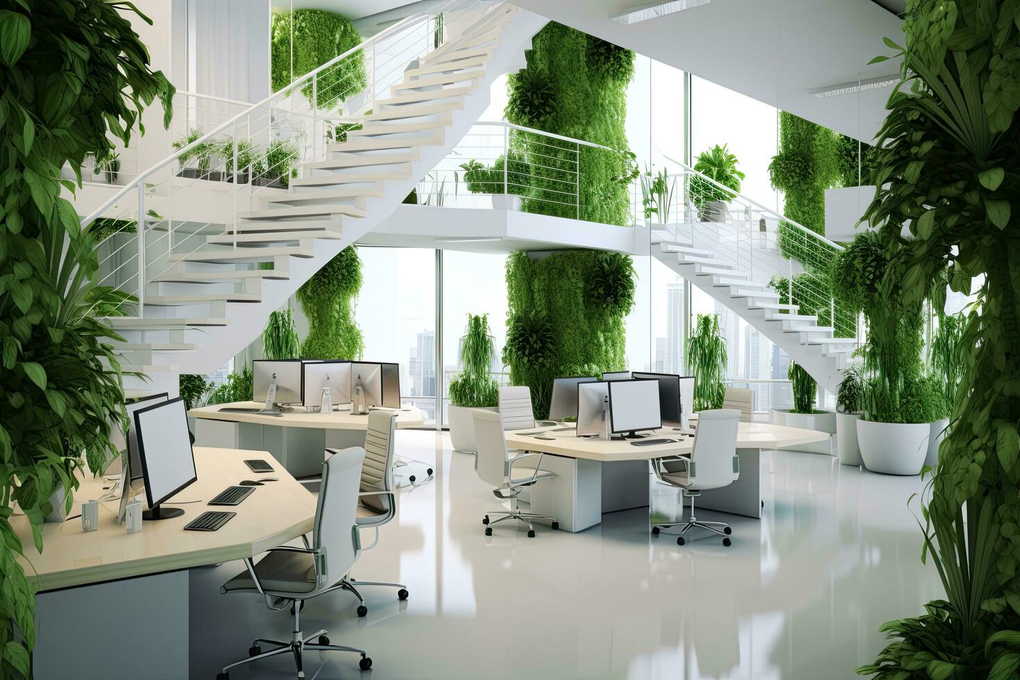 Modern office , interior with plant. 3D,Generative AI. photo