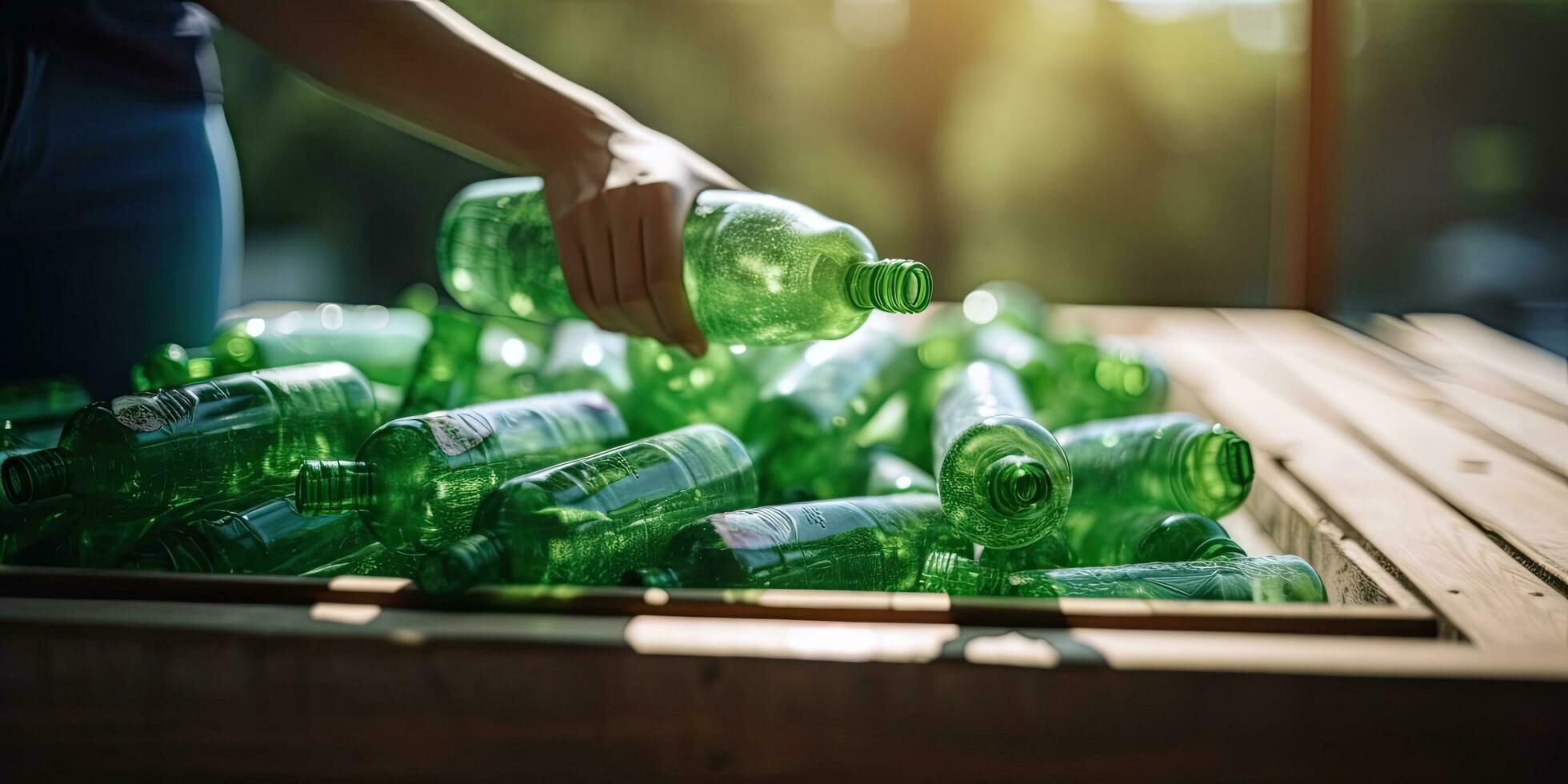 Close up hand separating waste plastic bottles into recycling bins is to protect the environment , copy space for text  ,Generative AI photo