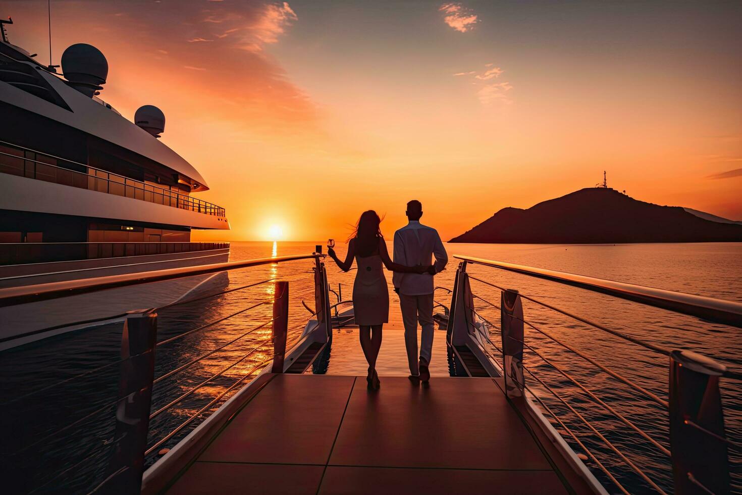 Couple travel adventures on luxury yacht at sunset  , Generative AI photo