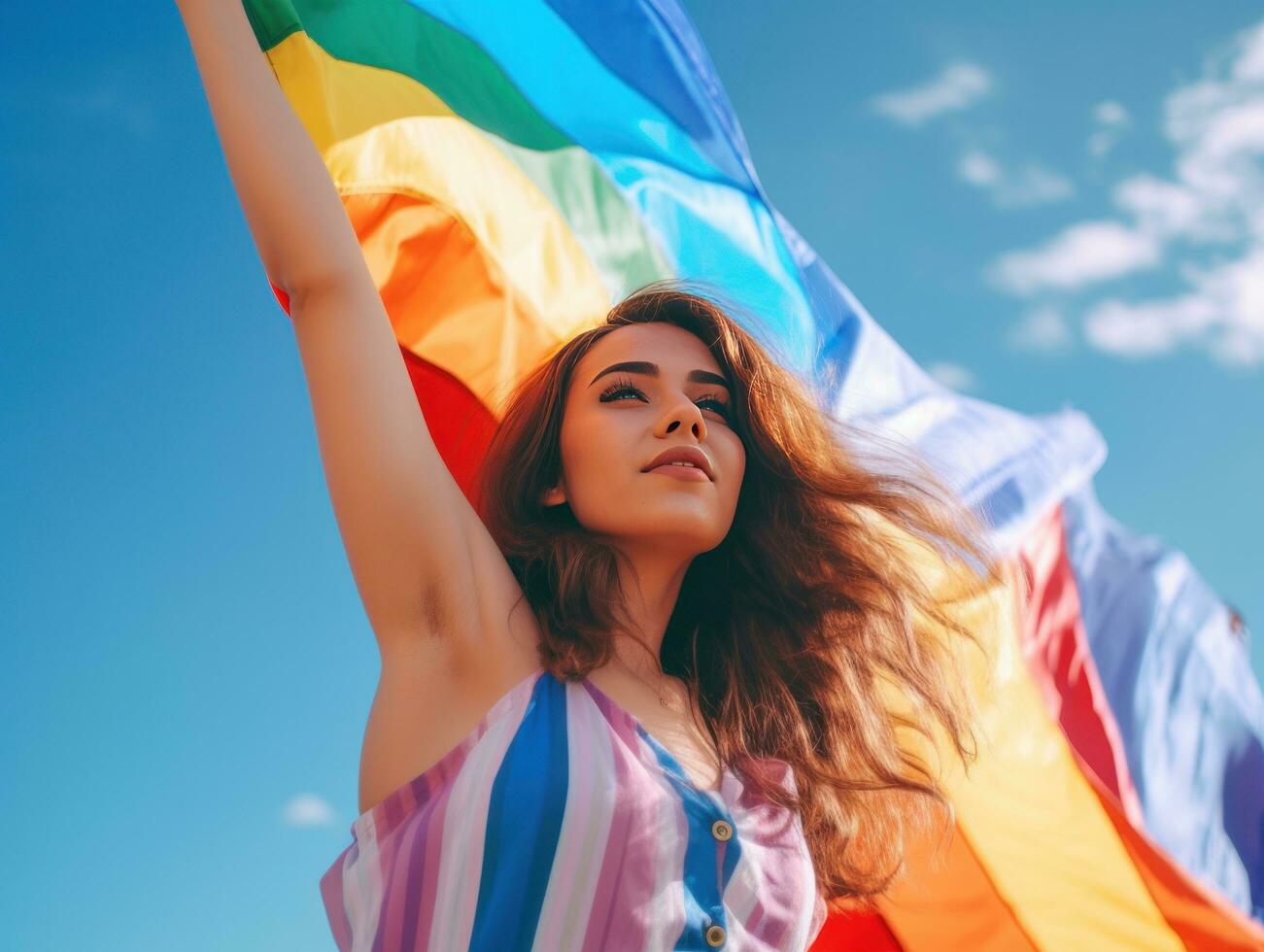 hermosa lesbiana modelo y un arco iris bandera a gay orgullo, lgbtq colores bandera. amar, libertad, apoyo ,bandera fuerte orgullo mes, creado con generativo ai foto
