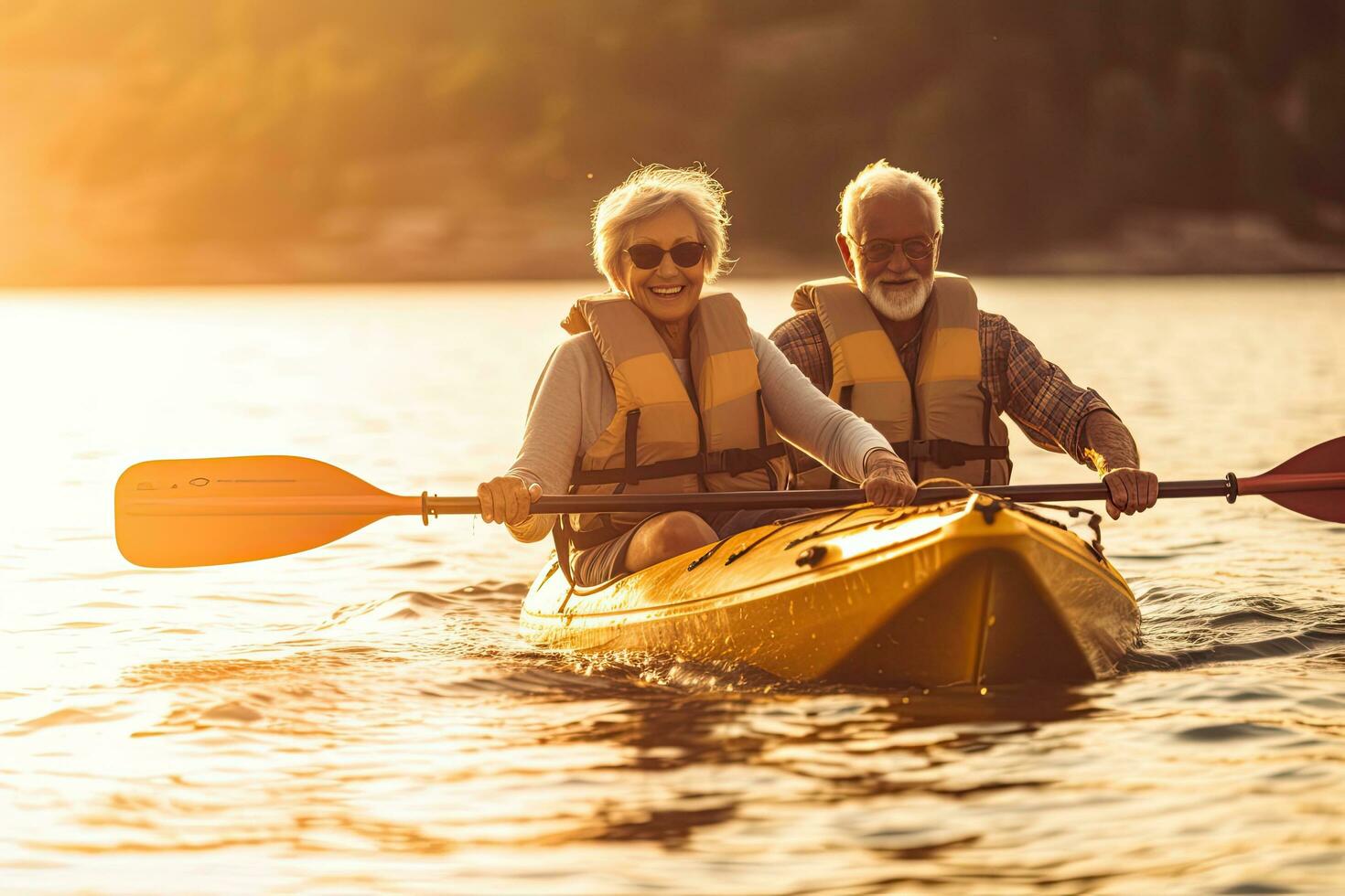 Happy senior couple retired active kayaking on lake , background view , morning sun,Generative AI photo