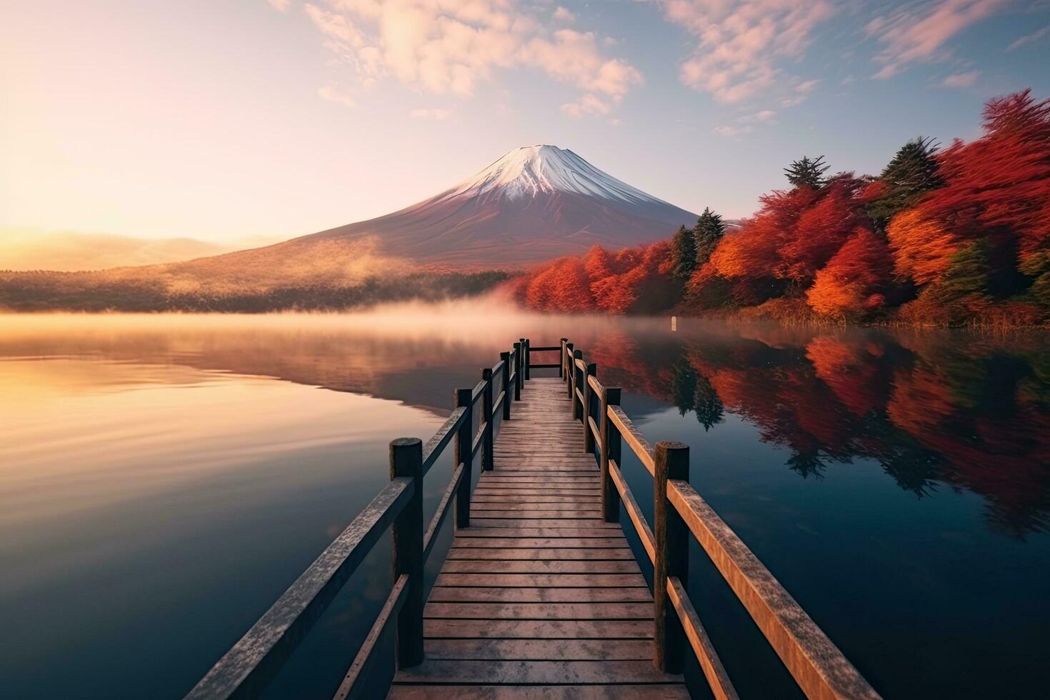 Mountain Fuji with morning fog and red leaves at lake Kawaguchiko is one of the best places in Japan ,Generative AI photo