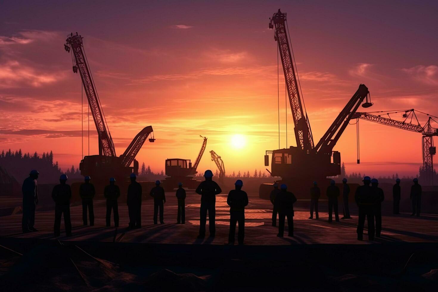 Silhouette of engineer and worker construction team working at site over sunset. Generative AI . photo