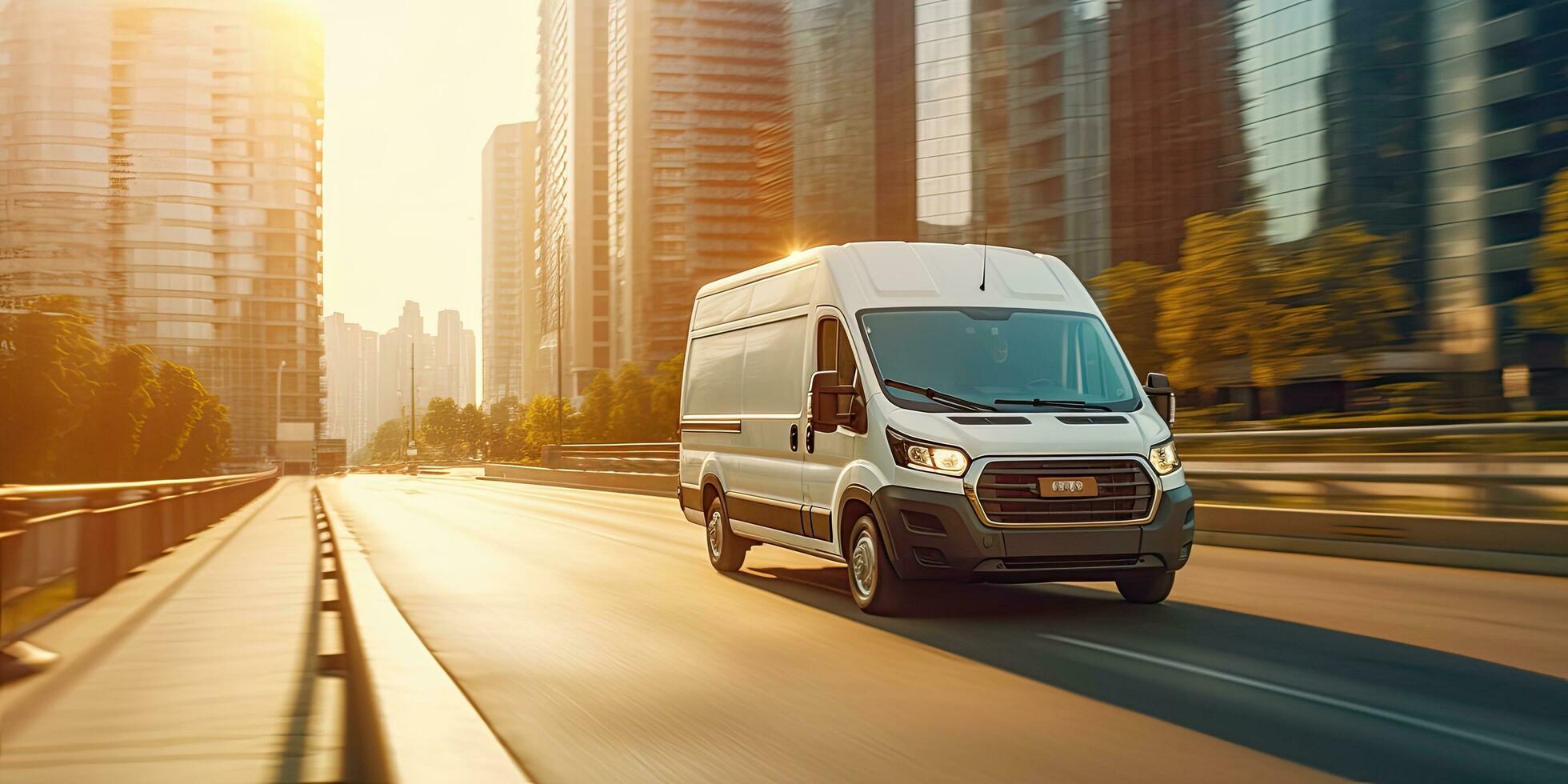 Cargo van moving fast on the road to city suburb. Busines logistics express service. Generative AI . photo