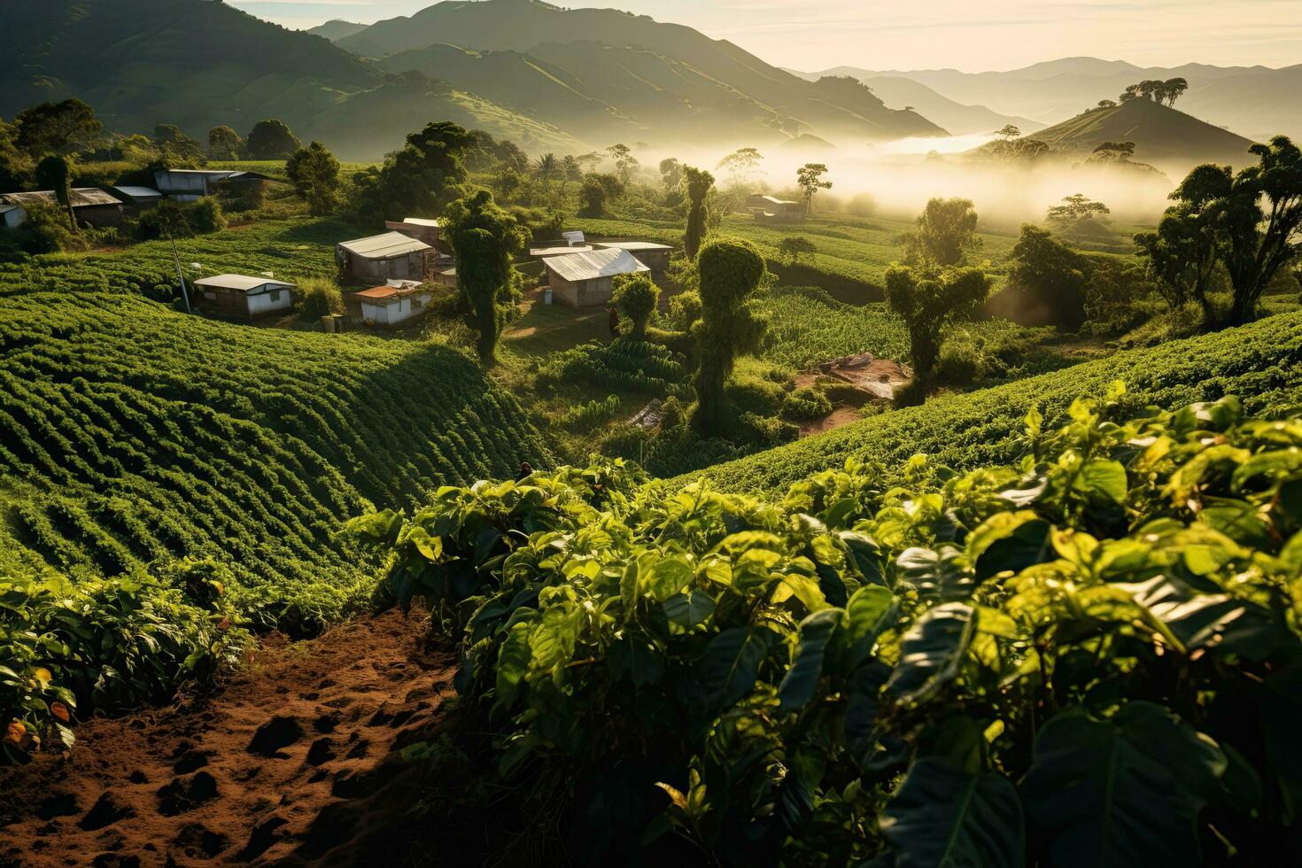 Coffee plantations of South America with a skyline with mountains in the background ,Generative AI photo