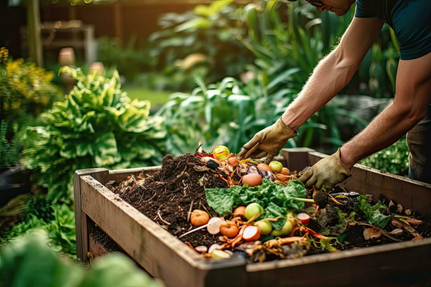 Closes up hand composting food waste in backyard compost bin garden,Generative AI photo