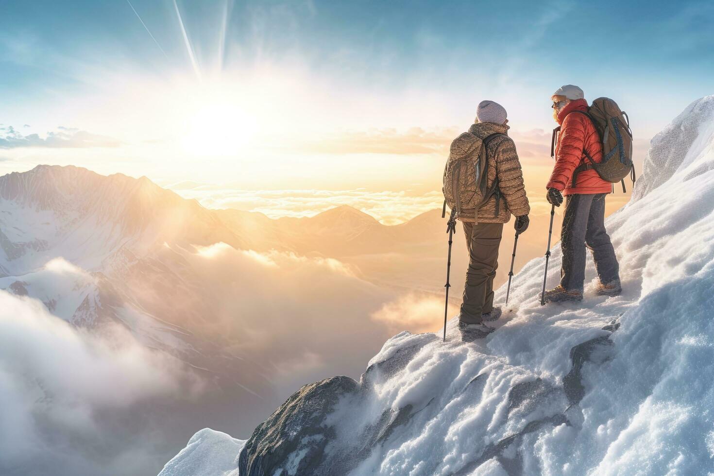 Happy senior couple retired , Climbing sport mountain ,mountain snow cold weather background view , morning sun,Generative AI photo