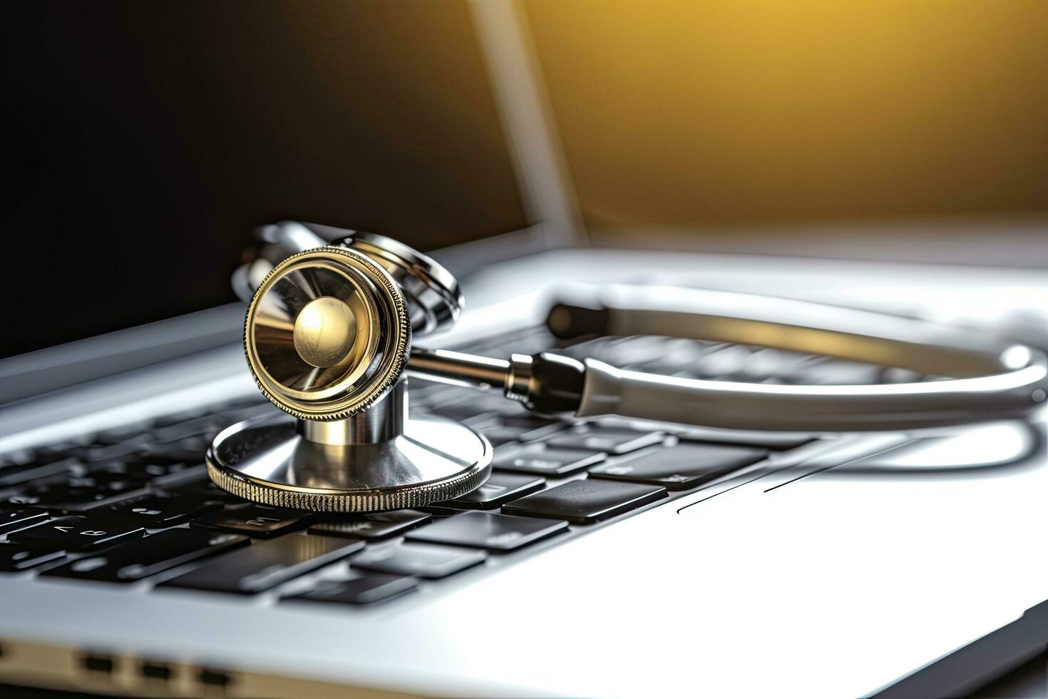 Stethoscope on laptop keyboard , copy space ,Generative AI. photo
