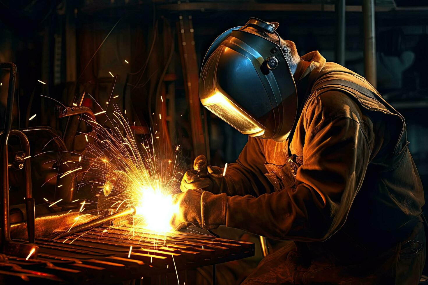 A worker while doing a welding with arc welder power plant  at factory ,Generative AI . photo