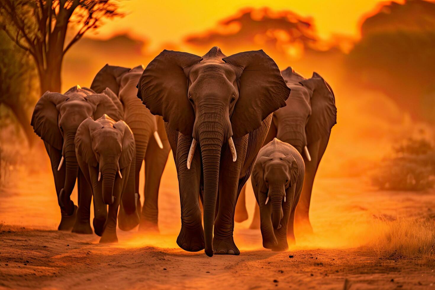 Elephant in the setting sun , Generative AI photo