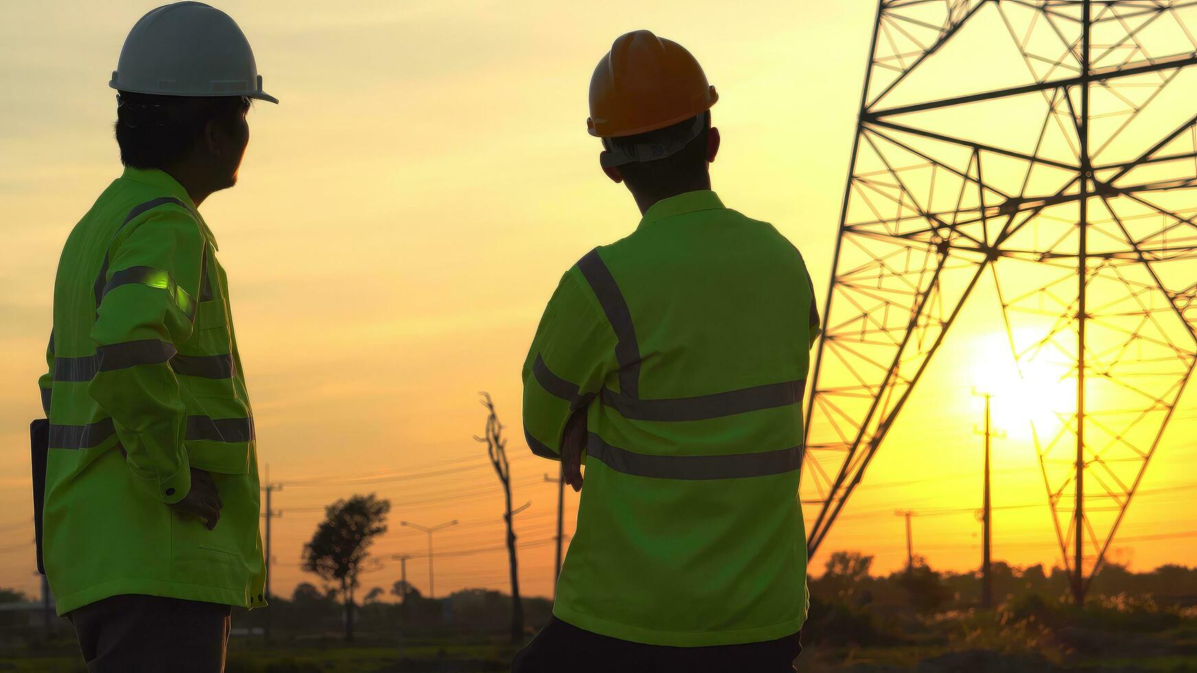 Silhouette of engineer Teams looking discussing plan. Two engineer standing on field with electricity towers at sunset. photo