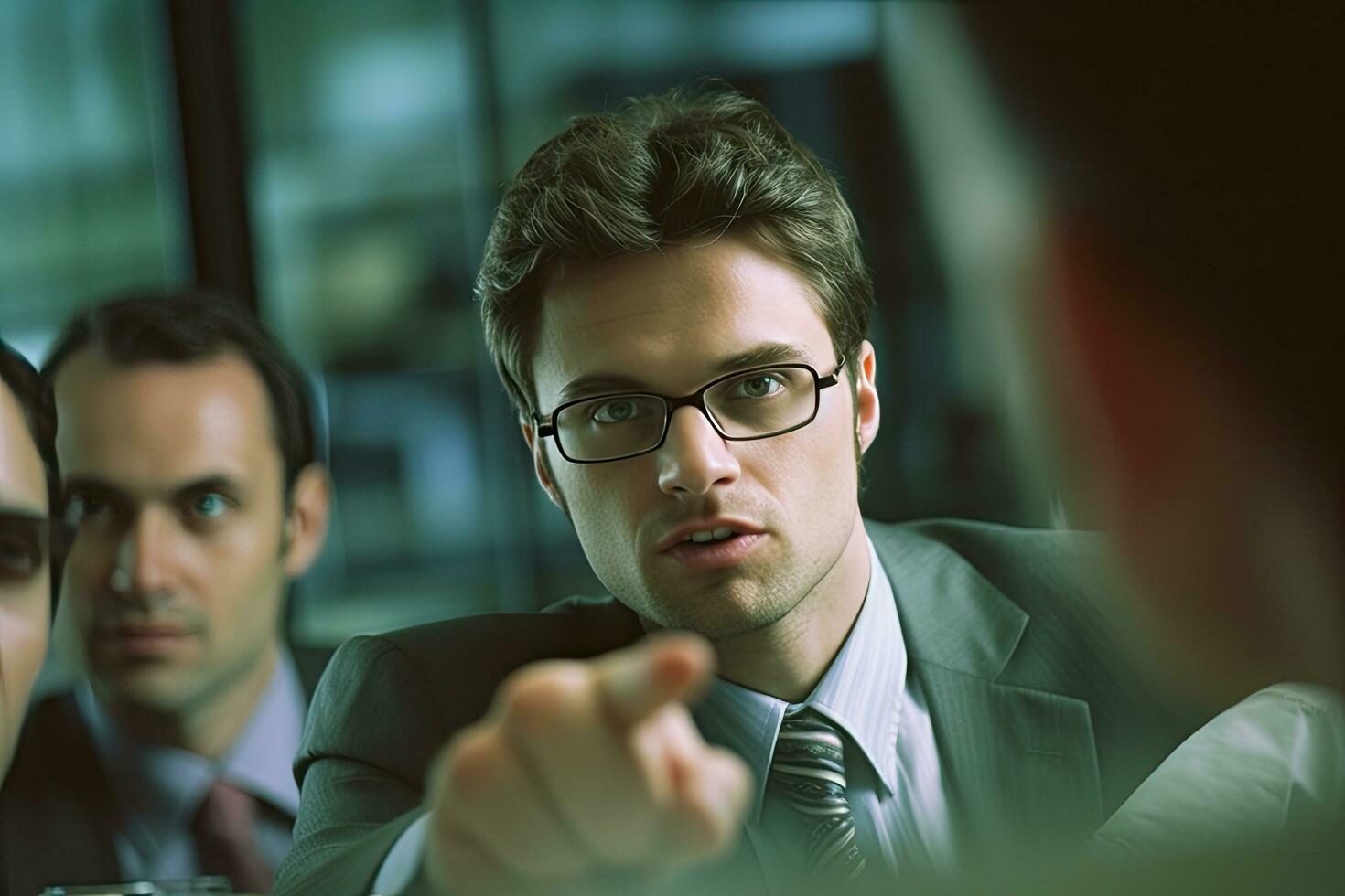 Businesman explaining colleagues during meeting in office, Extreme Close Up , Generative AI. photo