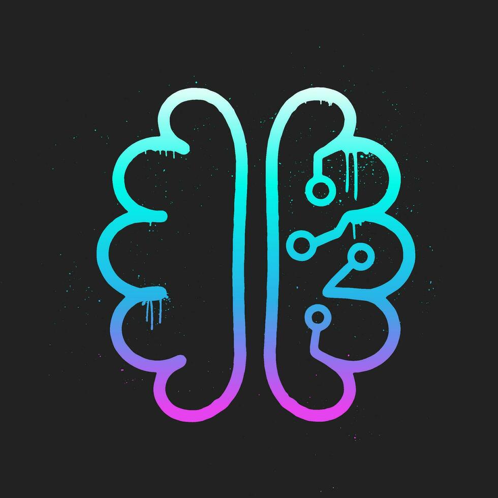 AI Neon Graffiti. Tech brain with circuit. Artificial Intelligence in Urban Street Style. Trendy Y2K clipart. Splash effects and drops. Grunge and spray texture. vector