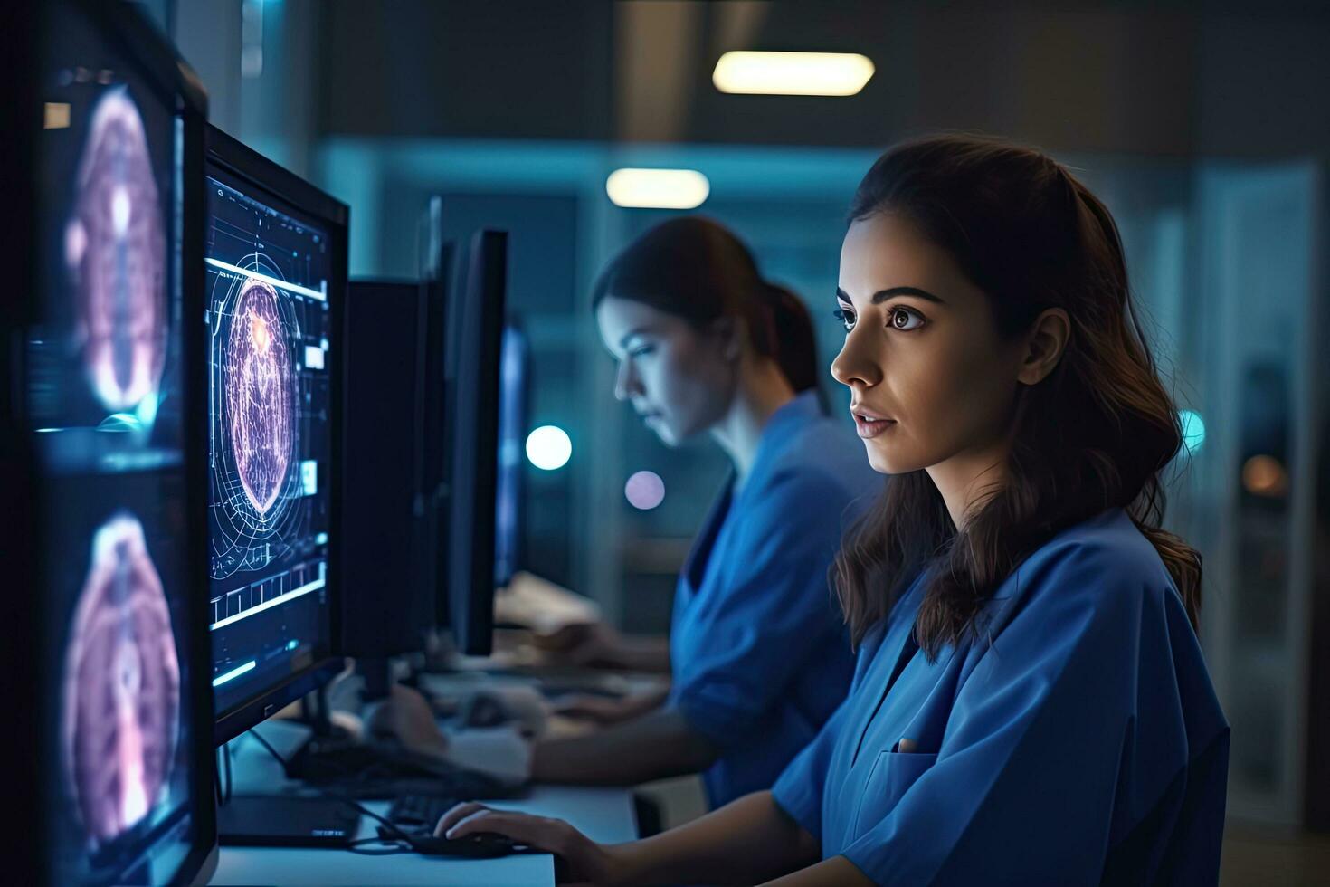 Doctor female of Professional Scientists Working Monitors Showing CT, MRI Scans Having Discussions and Working on Personal Computers. Generative AI photo