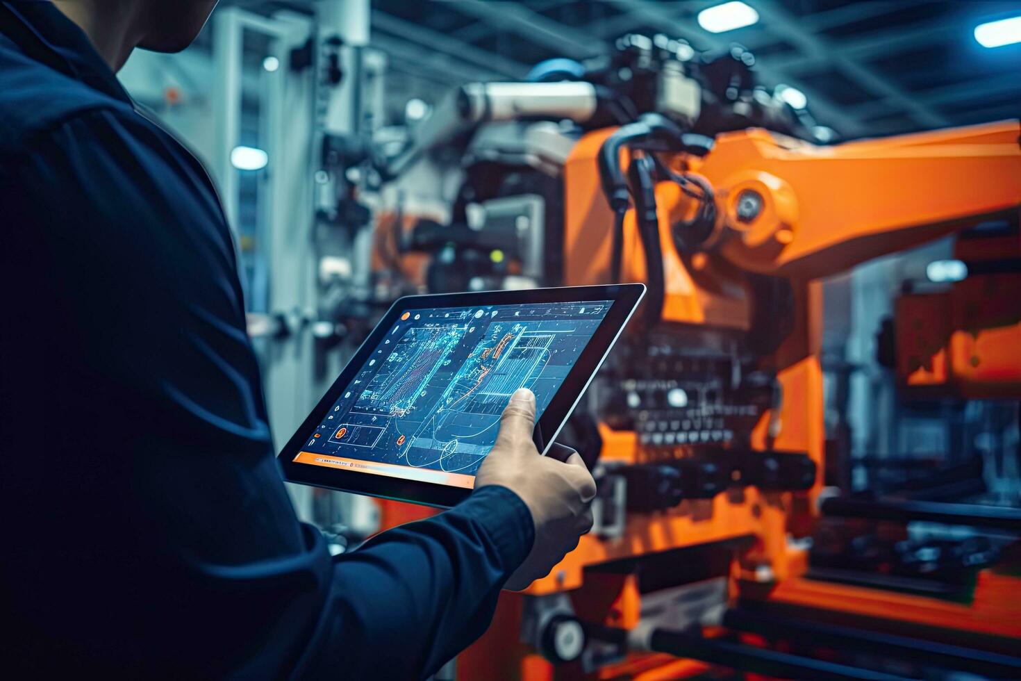 Engineer hand using tablet with machine real time monitoring system software ,  Generative AI . photo