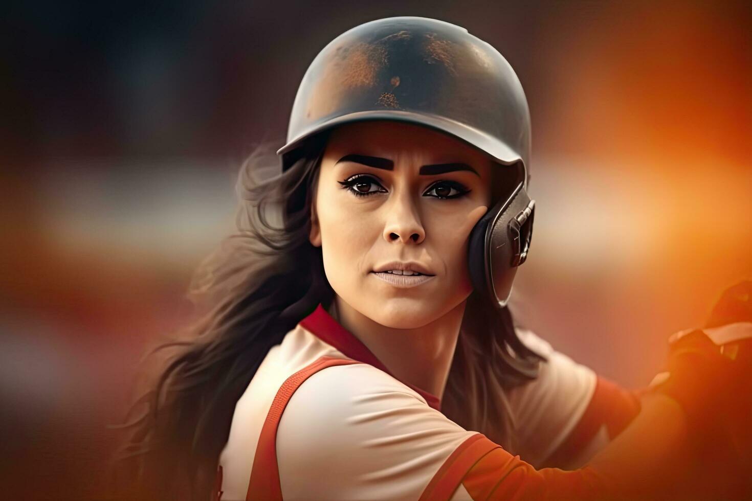 cerca arriba béisbol joven mujer en acción en el estadio,generativo ai. foto