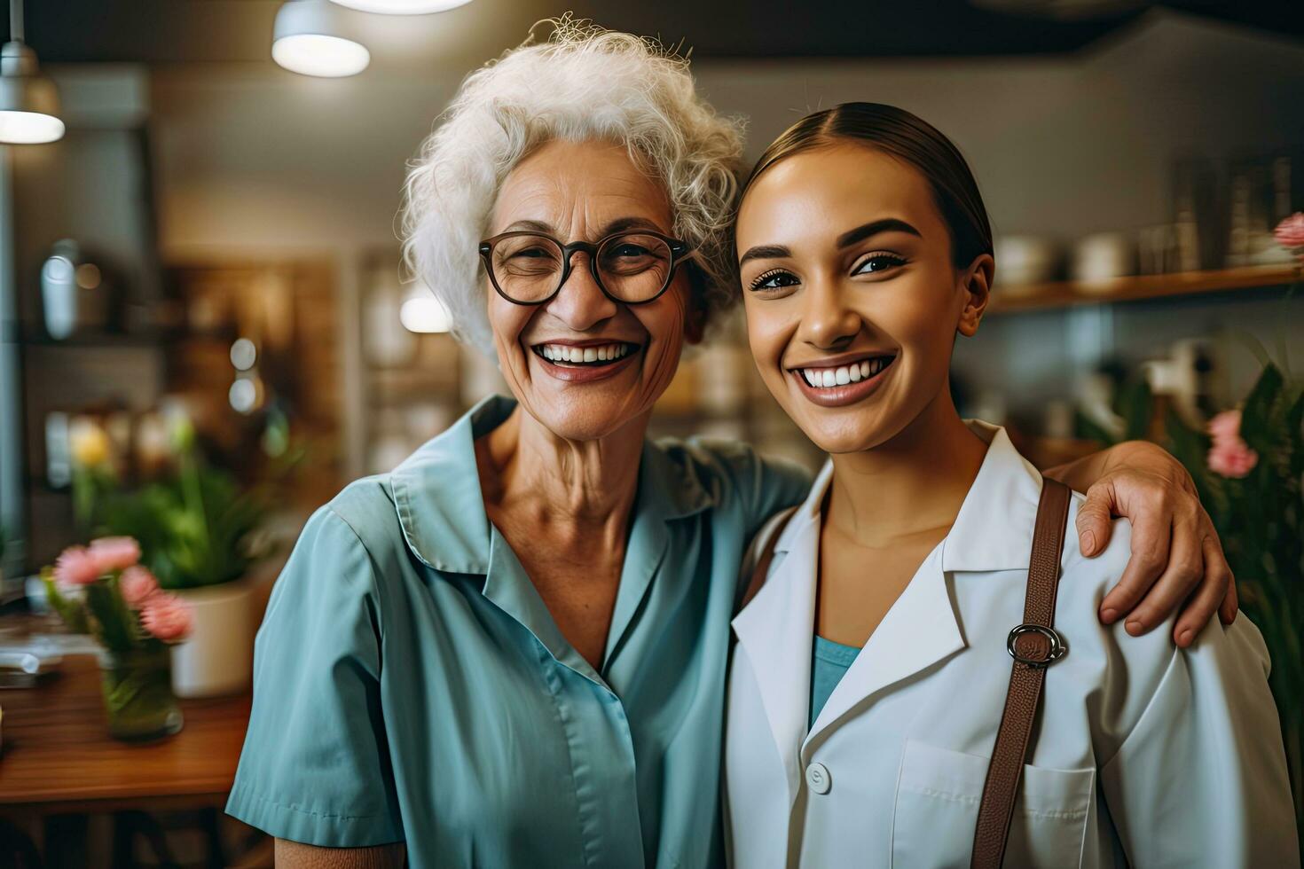 Support, caregiver with senior woman and holding hands for care indoors. Retirement, consulting and professional female nurse with elderly person smiling together for healthcare at home,Generative AI. photo