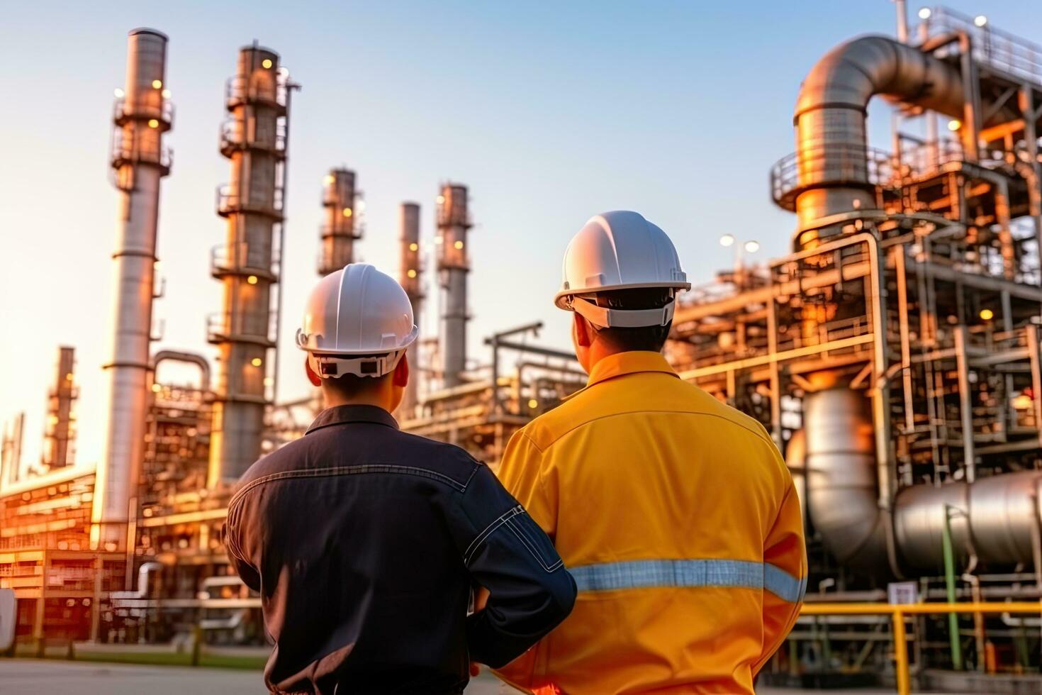 equipo industria ingeniero son trabajando y que se discute a frente petróleo y gas industrial fábrica, aceite refinería planta para industria , zumbido ver ,generativo ai . foto